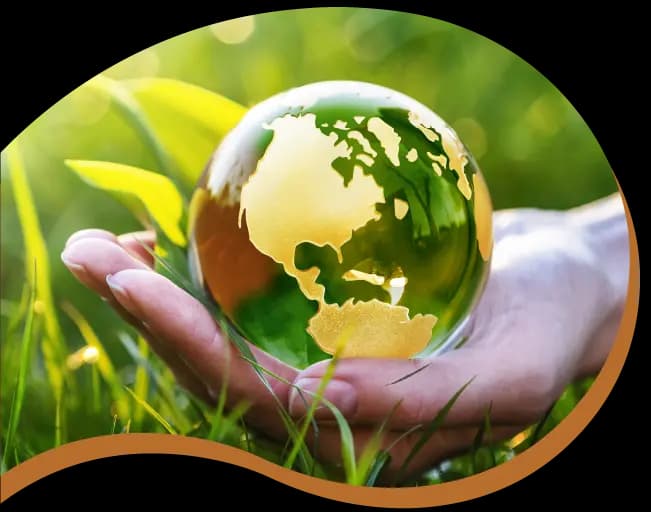A hand holding a glass globe in grass